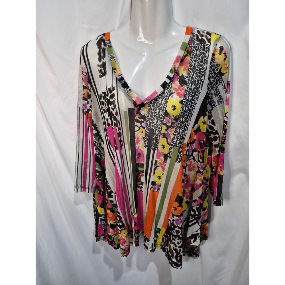 Lynn Ritchie Silver Mixed Print Mesh Top V-Neck Split Back Floral Leopard 9039 L